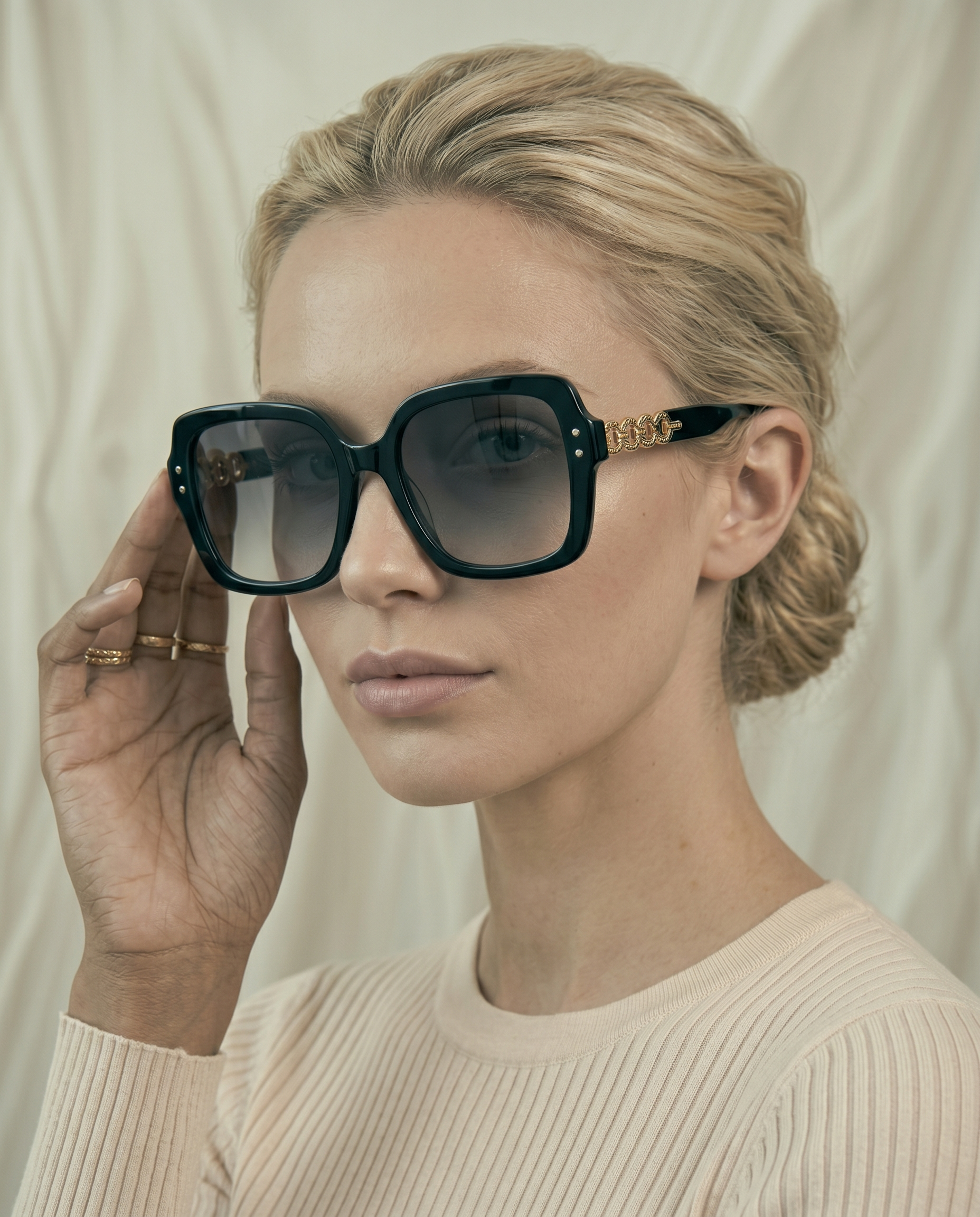 Oversized Black Square Sunglasses with Gold Chain Detail