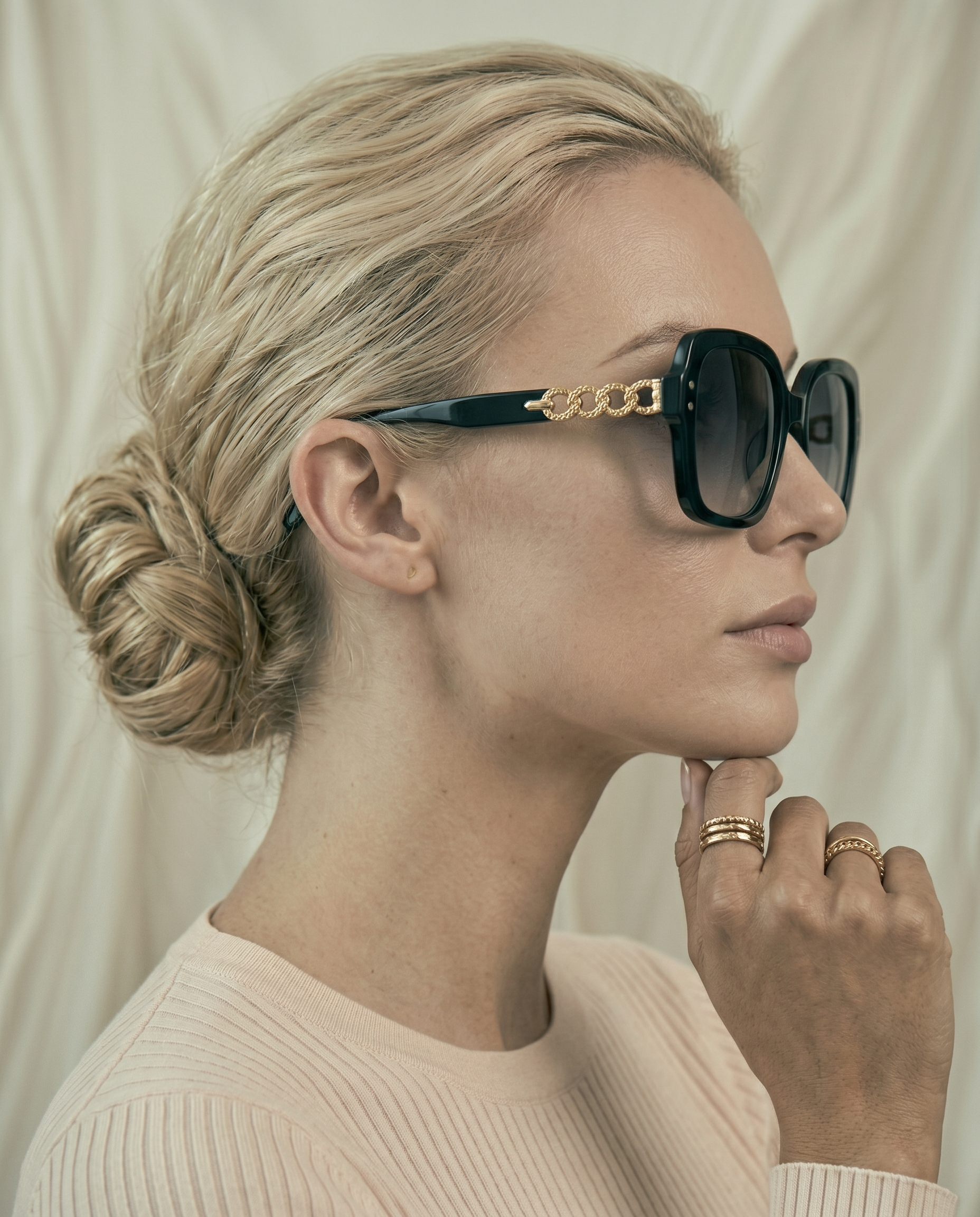 Oversized Black Square Sunglasses with Gold Chain Detail