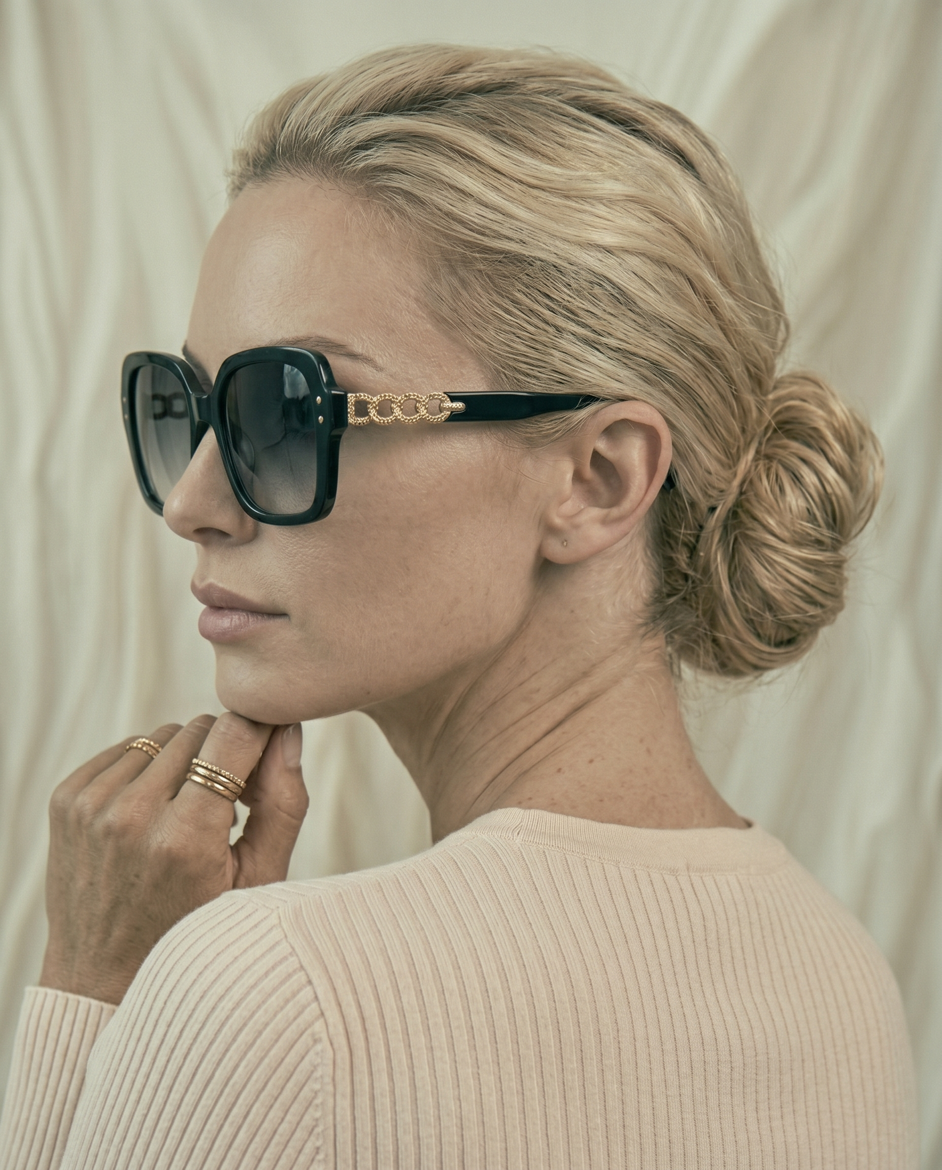 Oversized Black Square Sunglasses with Gold Chain Detail